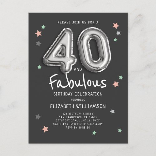 40  Fabulous Foil Balloon Stars Birthday Invitation Postcard