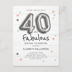40 & Fabulous Foil Balloon Stars on Wood Birthday Invitation Postcard