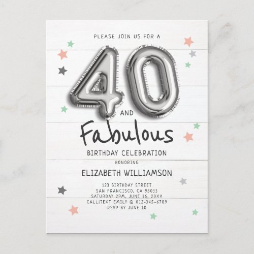 40  Fabulous Foil Balloon Stars on Wood Birthday Invitation Postcard