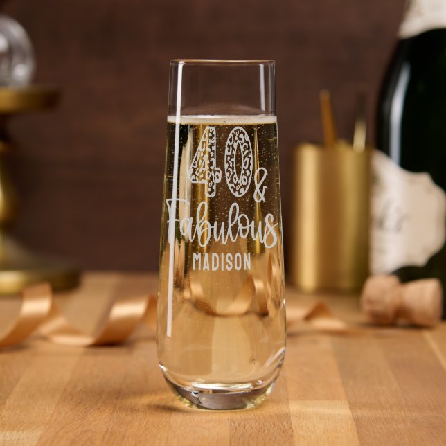 40 & Fabulous Fortieth Birthday Personalized Name Stemless Champagne Flute (Party)