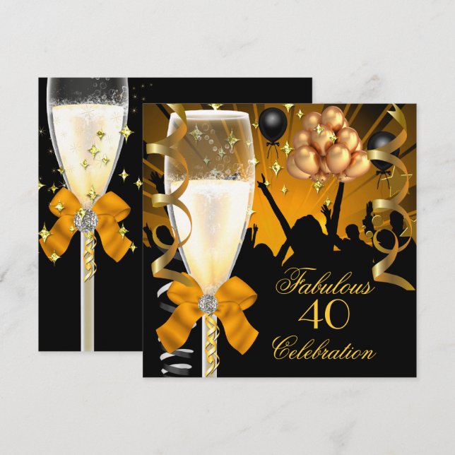 40 & Fabulous Gold Black Birthday Champagne Invitation (Front/Back)