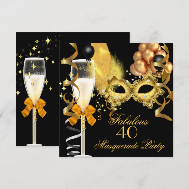 40 & Fabulous Gold Black Masquerade Party Invitation (Front/Back)