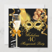 40 & Fabulous Gold Black Masquerade Party Invitation (Front)