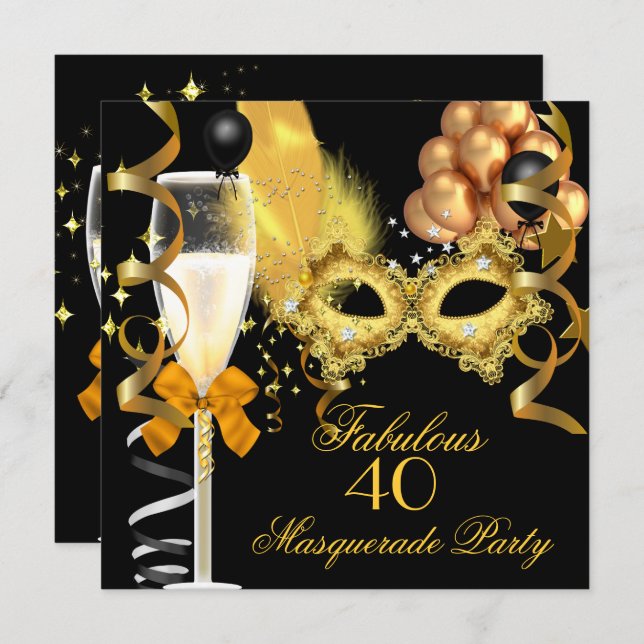 40 & Fabulous Gold Black Masquerade Party Invitation (Front/Back)