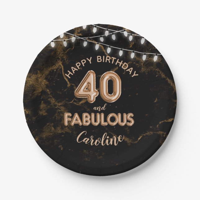 40 & Fabulous Gold Foil Balloons & String Lights Paper Plates (Front)