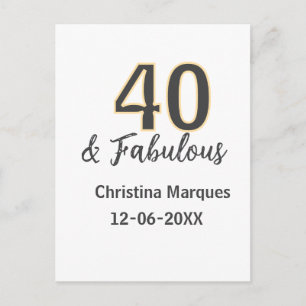 40 & fabulous gray yellow birthday calligraphy postcard