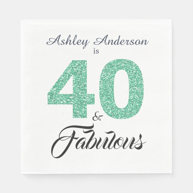 40 Fabulous Green Glitter 40th Birthday Party Napkins (Front)