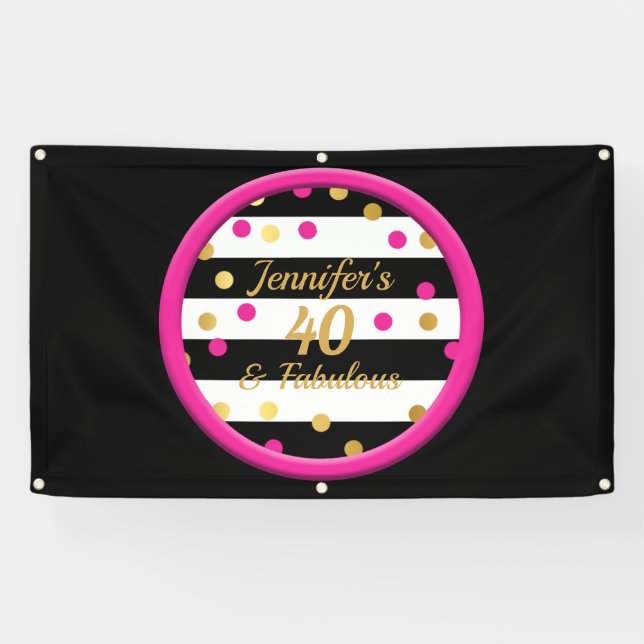 40 & Fabulous Hot Pink Black Gold Birthday Banner (Horizontal)