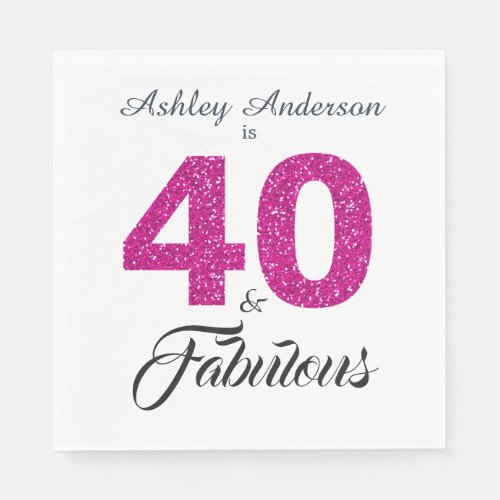 40 Fabulous Hot Pink Glitter 40th Birthday Party Napkins