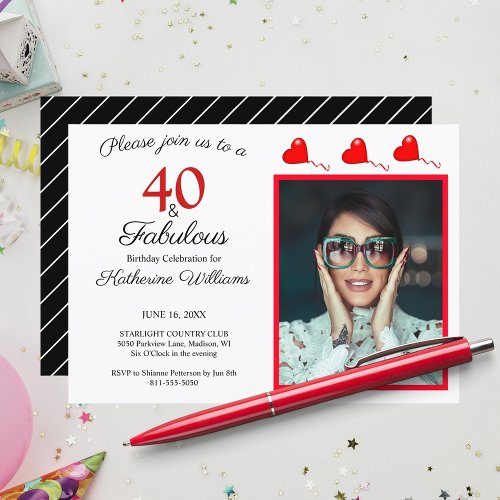 40  Fabulous Photo Red 40th Birthday Black White Invitation