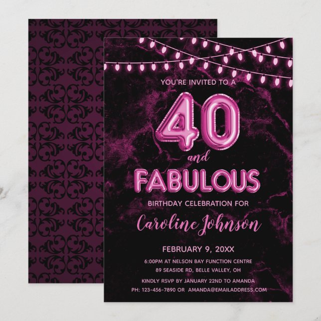 40 & Fabulous Pink Balloon Birthday Invitations (Front/Back)