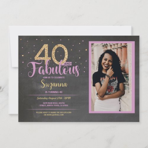 40  Fabulous Pink Birthday Party 40th Gold Photo Invitation