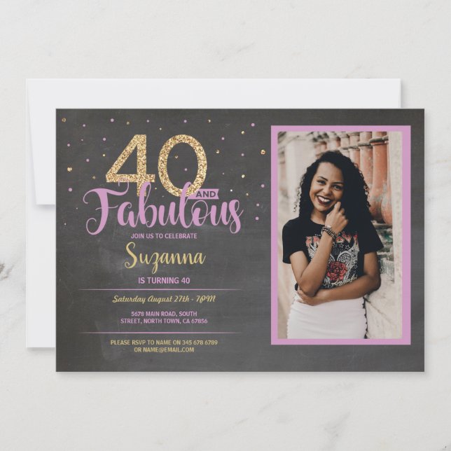 40 & Fabulous Pink Birthday Party 40th Gold Photo Invitation (Front)
