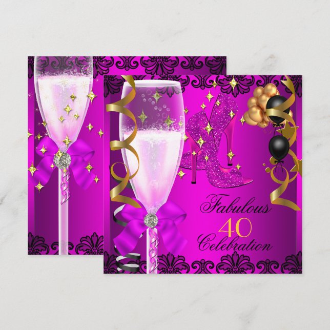 40 Fabulous Pink Black Gold 40th Champagne Party Invitation (Front/Back)