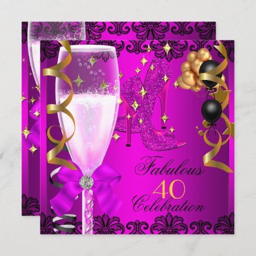 40 Fabulous Pink Black Gold 40th Champagne Party Invitation