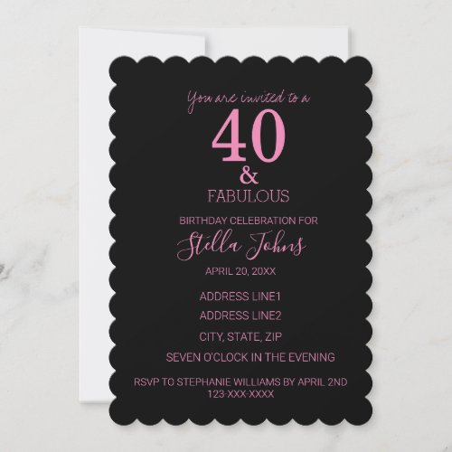 40 Fabulous Pink Black Scallopped Birthday Trendy Invitation