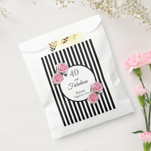 40 fabulous pink florals black stripes name party favor bag