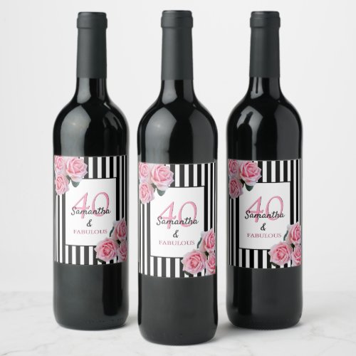 40 fabulous pink florals black white stripes wine label