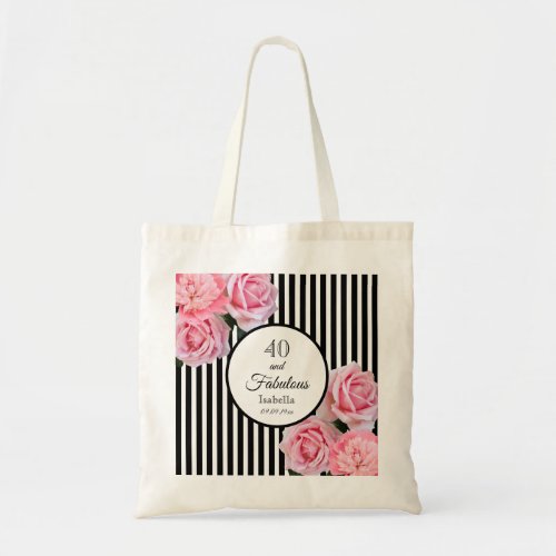 40 fabulous pink flowers slim black white stripes tote bag