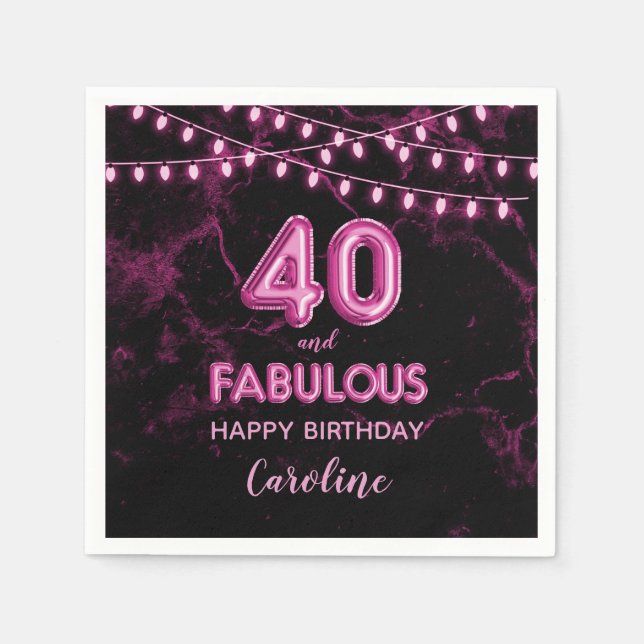 40 & Fabulous Pink Foil Balloons & String Lights Napkins (Front)