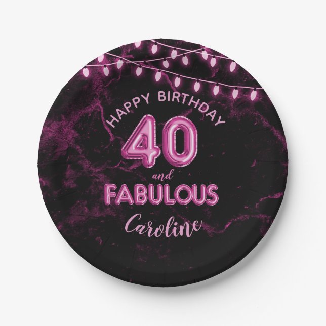 40 & Fabulous Pink Foil Balloons & String Lights Paper Plates (Front)
