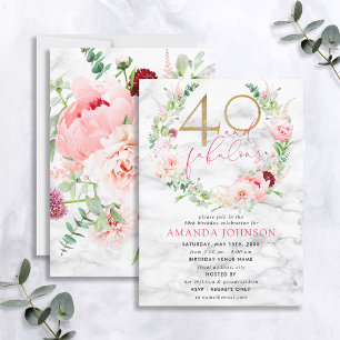 40 & Fabulous Pink & Gold Floral Marble Birthday Invitation
