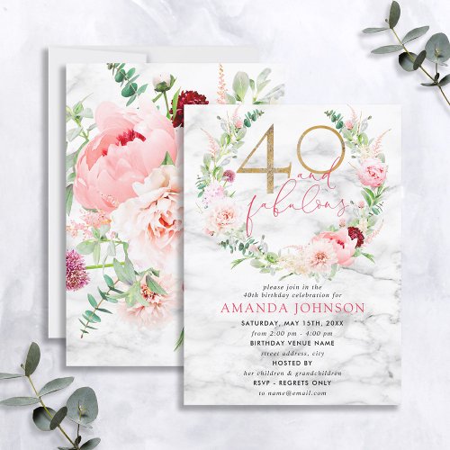 40  Fabulous Pink  Gold Floral Marble Birthday Invitation