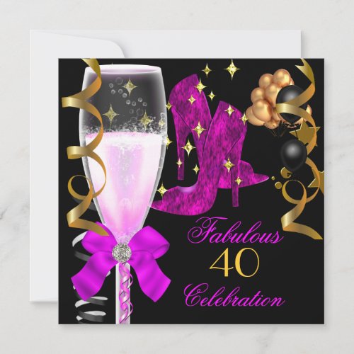 40 &amp; Fabulous Pink Purple Gold Birthday Shoes Custom Invite