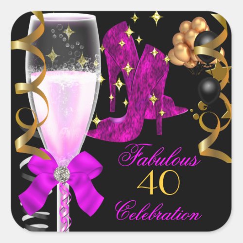 40  Fabulous Pink Purple Gold Birthday Shoes Square Sticker