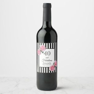 40 fabulous pink rose black white stripes birthday wine label