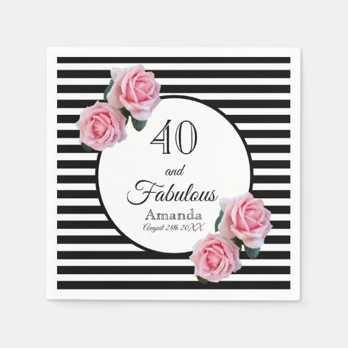 40 fabulous pink roses black white stripes name napkins