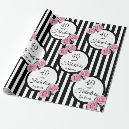 40 fabulous pink roses black white stripes wrapping paper