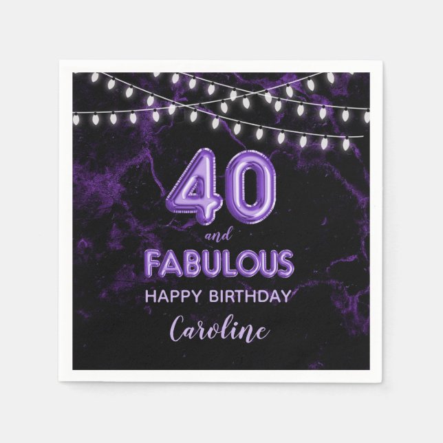 40 & Fabulous Purple Foil Balloons & String Lights Paper Napkins (Front)