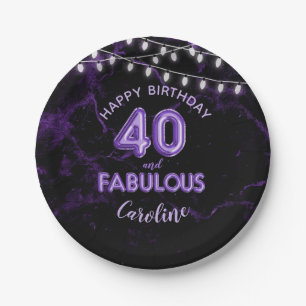 40 & Fabulous Purple Foil Balloons & String Lights Paper Plates