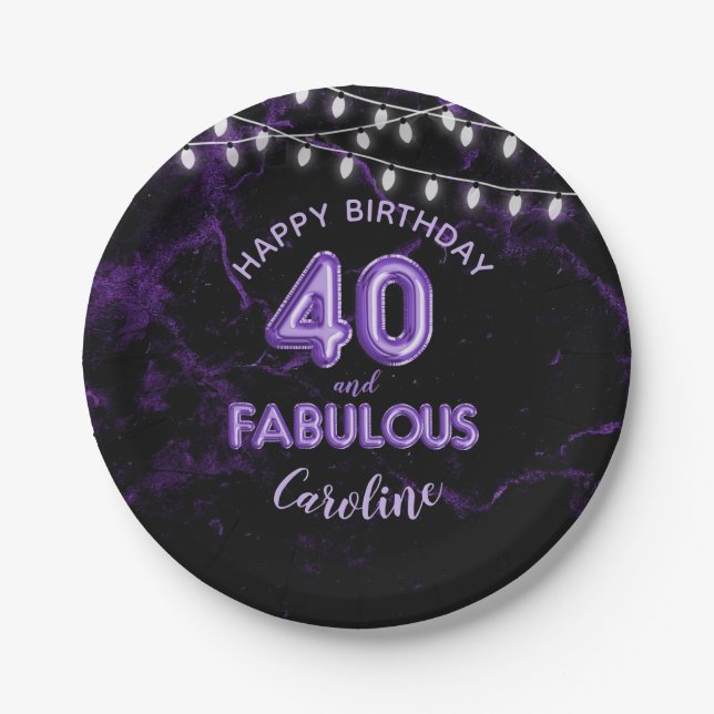 40 & Fabulous Purple Foil Balloons & String Lights Paper Plates (Front)