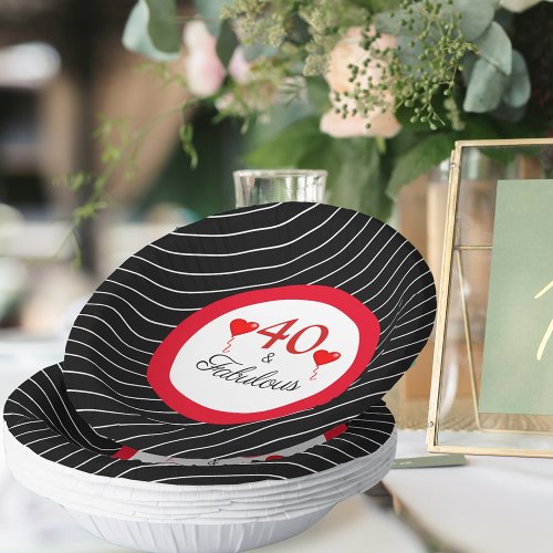 40  Fabulous Red 40th Birthday Black White Stripe Paper Bowls