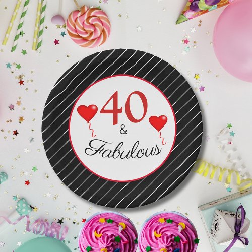 40  Fabulous Red 40th Birthday Black White Stripe Paper Plates
