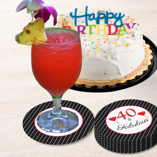 40  Fabulous Red 40th Birthday Black White Stripe Round Paper Coaster