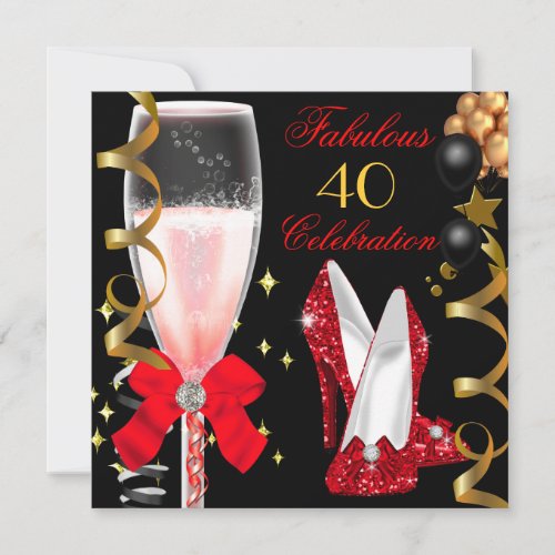 40  Fabulous Red Black Gold 40th Birthday Party Invitation