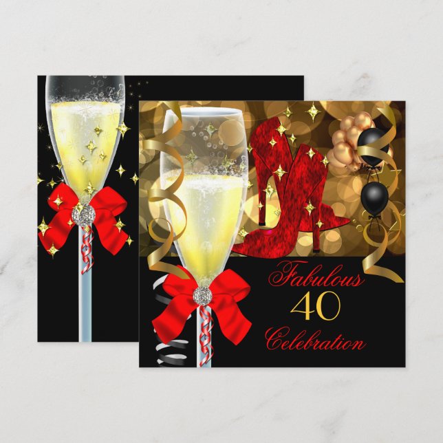 40 & Fabulous Red Black Gold Birthday Party Invitation (Front/Back)