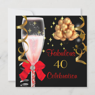 40 & Fabulous Red Black Gold Birthday Party Invitation