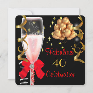 40 & Fabulous Red Black Gold Birthday Party Invitation