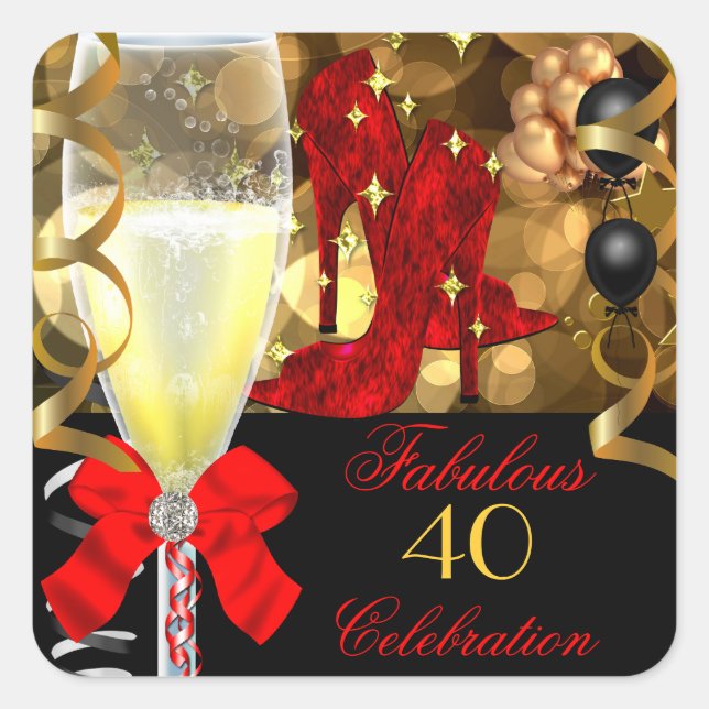 40 Fabulous Red Black Gold Birthday Shoes Square Sticker (Front)