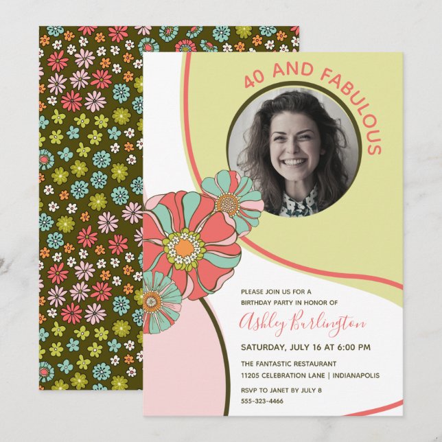 40 & Fabulous Retro Floral Photo Invitation (Front/Back)