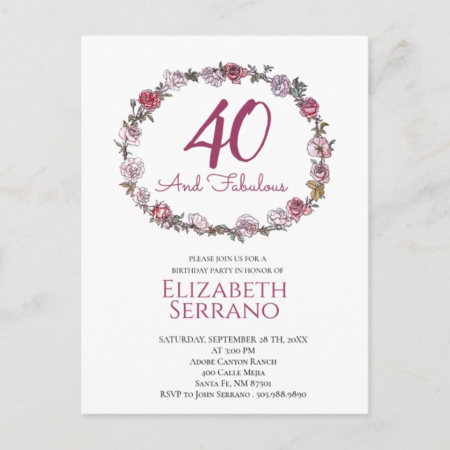 40 & Fabulous Ring Of Roses Birthday Party Invite (Front)