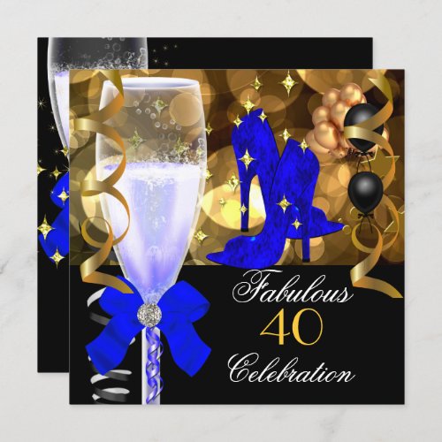 40  Fabulous Royal Blue Black Gold Birthday Party Invitation