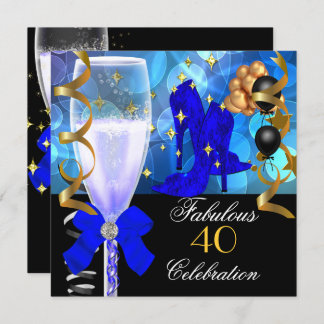40 & Fabulous Royal Blue Black Gold Birthday Party Invitation