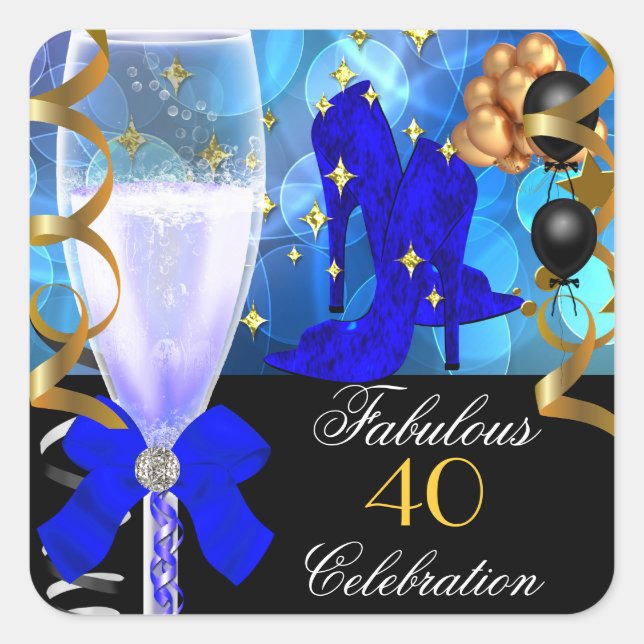 40 & Fabulous Royal Blue Black Gold Birthday Party Square Sticker (Front)