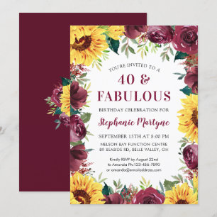 40 & Fabulous Sunflower Burgundy Rose Birthday Invitation