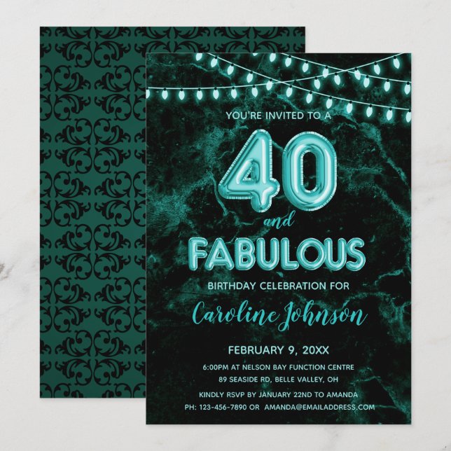 40 & Fabulous Teal Balloon Birthday Invitations (Front/Back)